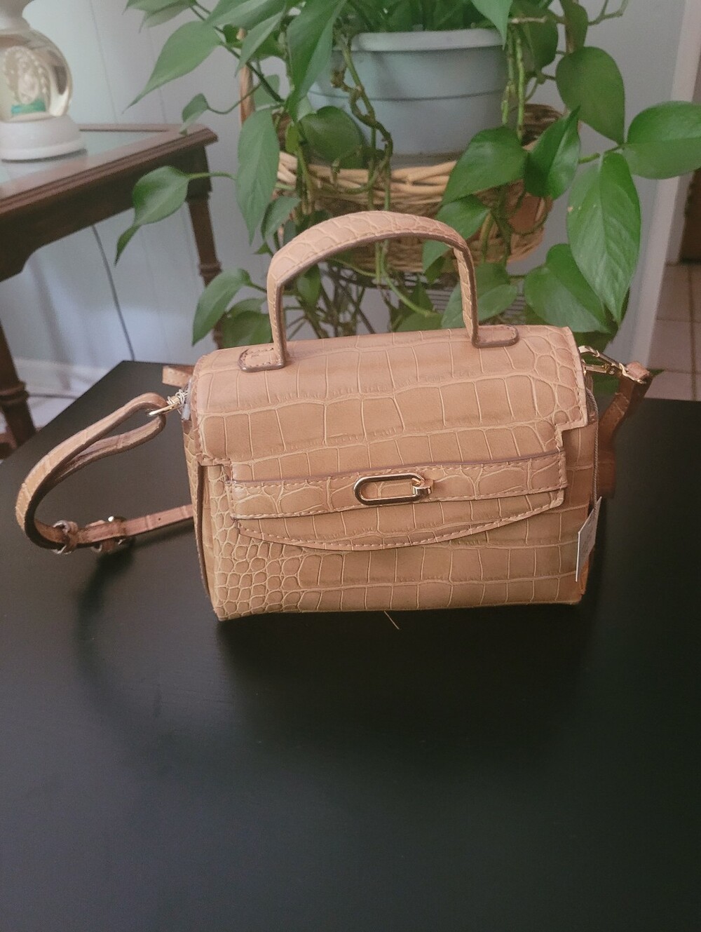Tan Croc-Embossed Faux Leather Top Handle Satchel With Attachable Crossbody